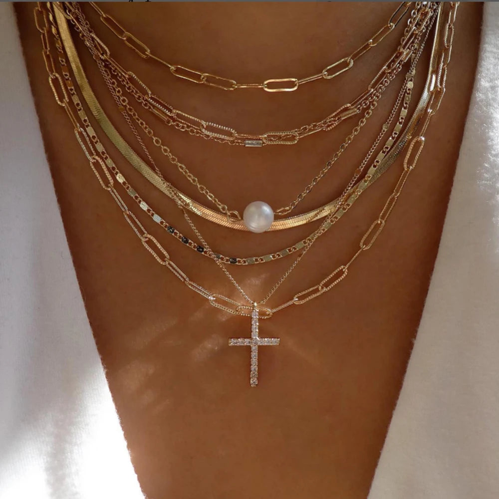 Celestia Layered Pearl & Cross Necklace Set