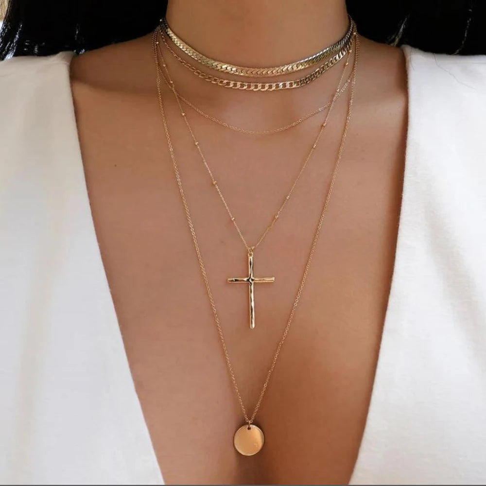 Celestia Layered Pearl & Cross Necklace Set