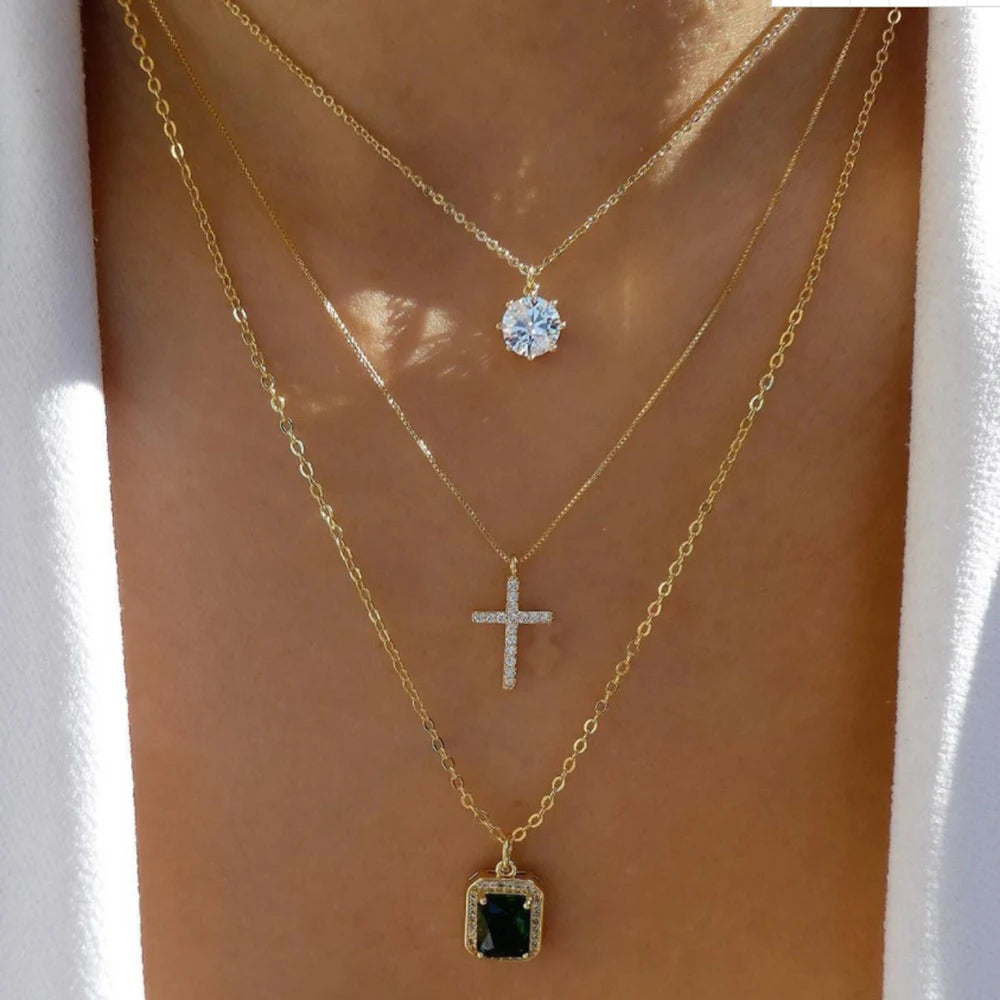 Celestia Layered Pearl & Cross Necklace Set