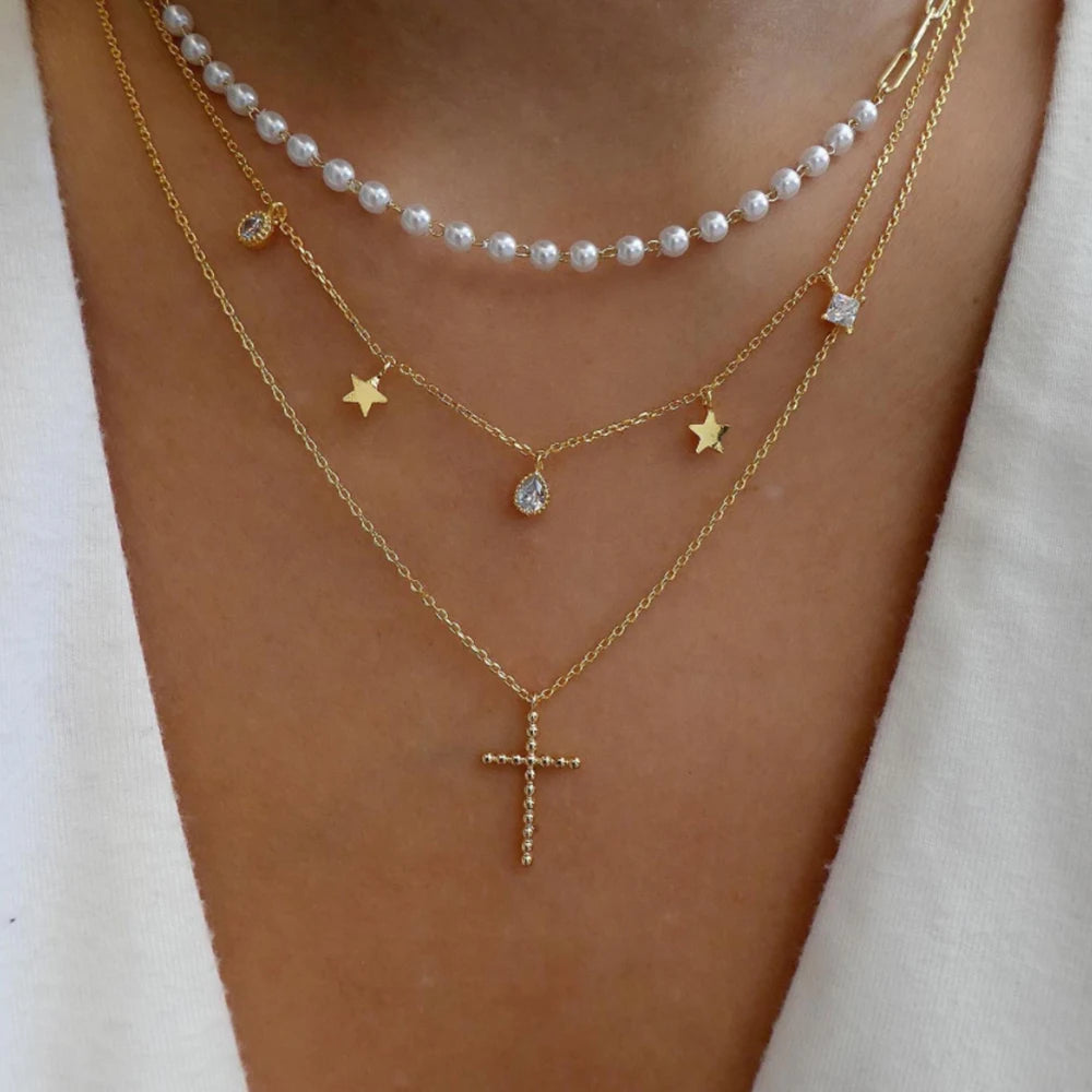 Celestia Layered Pearl & Cross Necklace Set