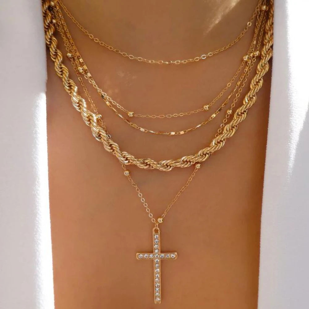 Celestia Layered Pearl & Cross Necklace Set