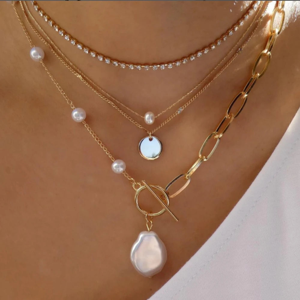 Celestia Layered Pearl & Cross Necklace Set
